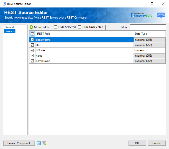 Google Cloud Monitoring Rest Source Component - Columns